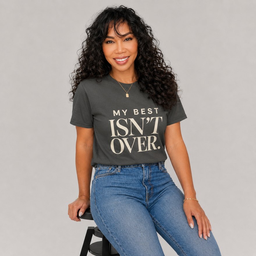 A woman wearing the Pepper charcoal My Best Isn&rsquo;t Over. tee with jeans