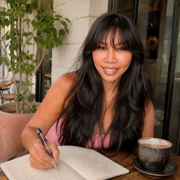 Odette Orola writing in a notebook at a caf&eacute; table