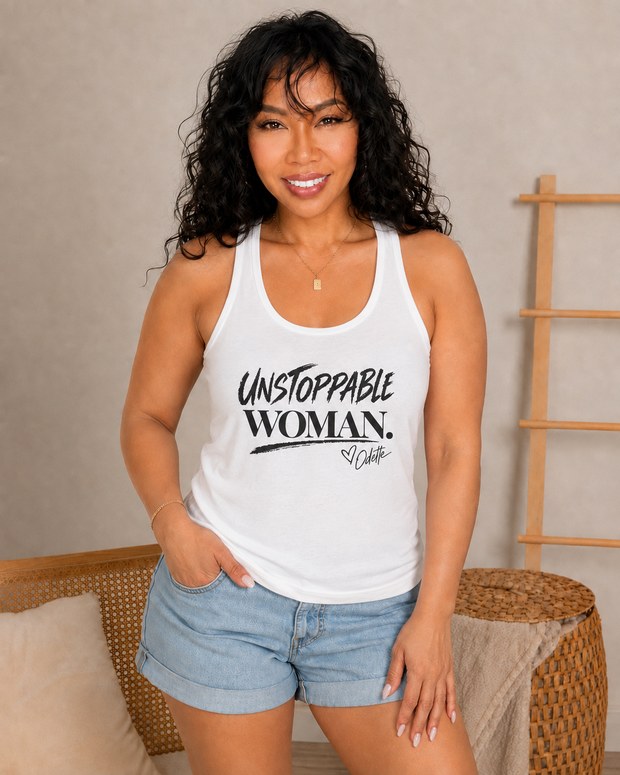 The white Unstoppable Woman. racerback tank