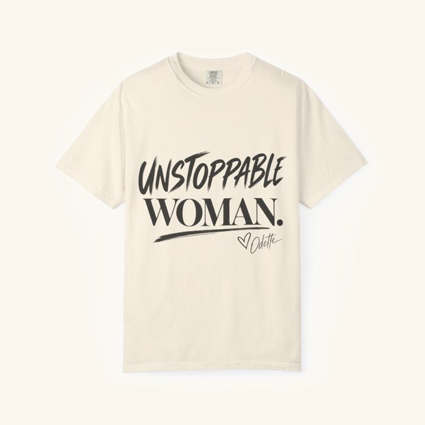 Unstoppable Woman. tee in Ivory, warm cream with black brush lettering