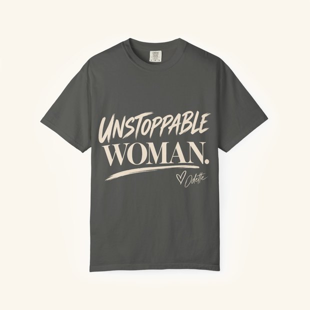 Unstoppable Woman. tee in Pepper, washed charcoal with cream brush lettering