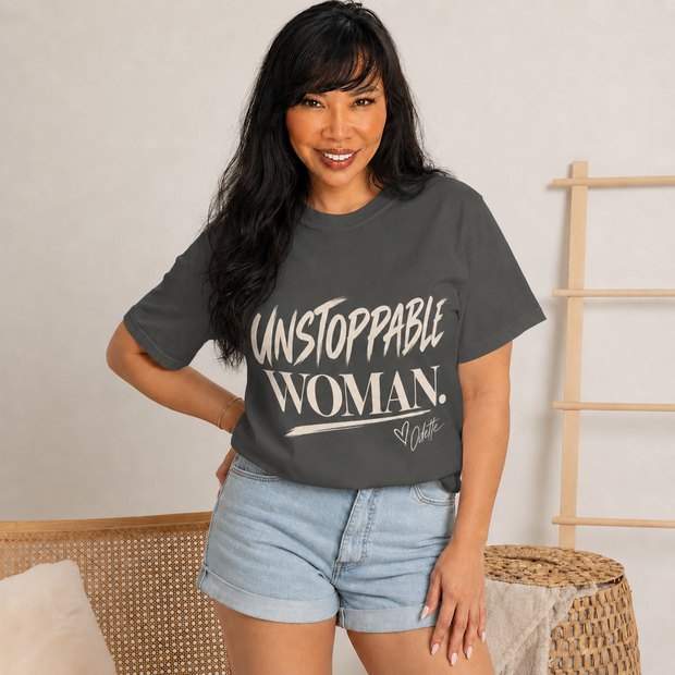 Unstoppable Woman. tee worn in Pepper